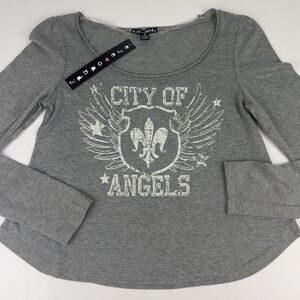 City Of Angels Cropped Tee Top Sz S Puff Shoulder Scoop Hemline Gray Los Angeles